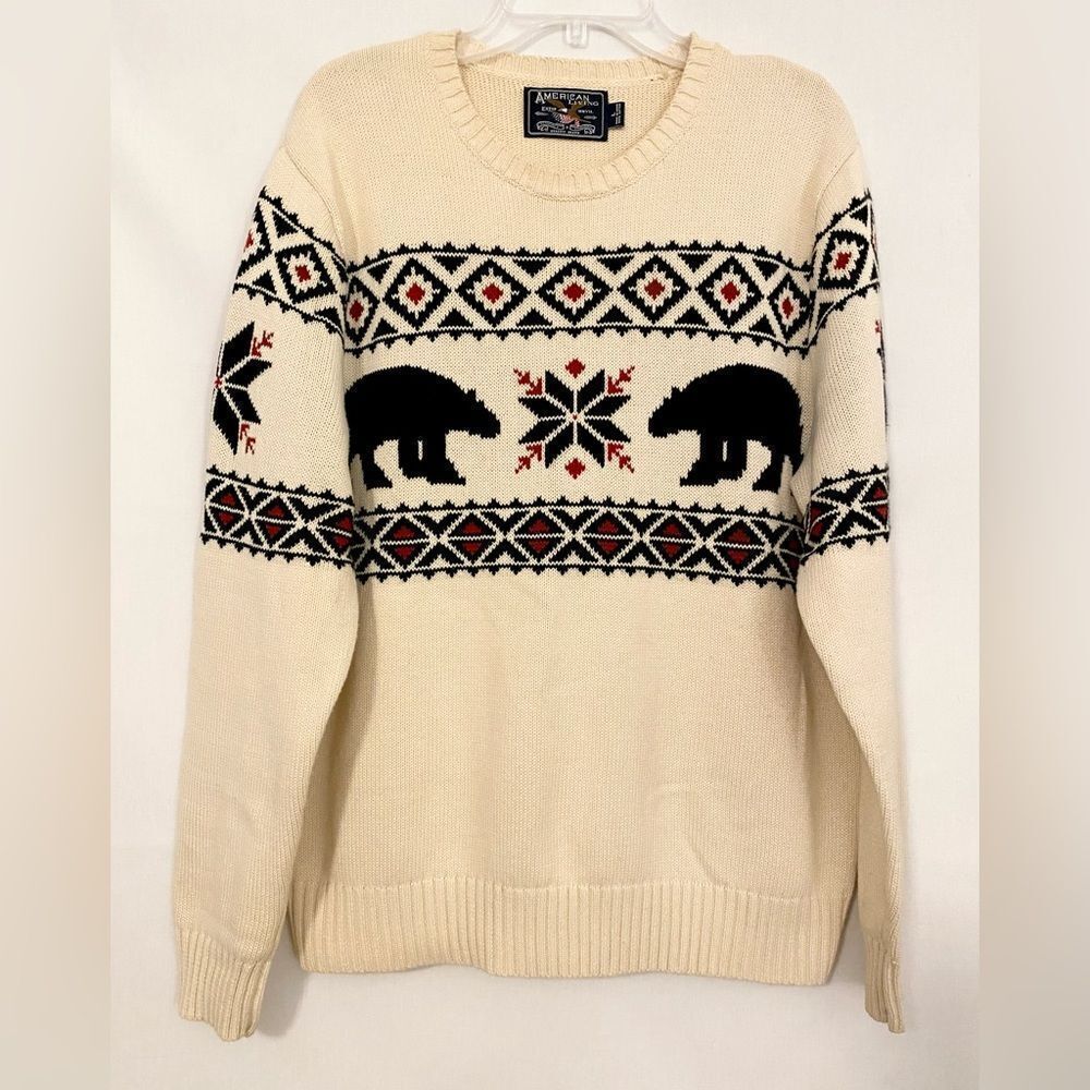Men's Cream Sweater with Black and Red Pattern. 100% Cotton. Size L